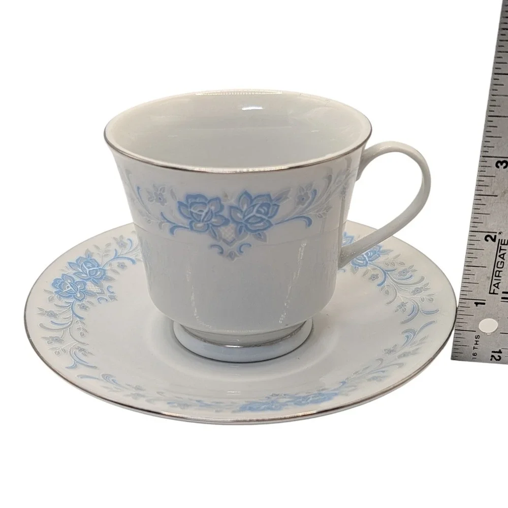 Vintage China‎ Teacup and Saucer Footed Blue and Gray Floral Platinum Edge